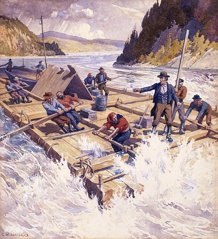 The first lumber raft down the Ottawa river 1806, CW Jefferys, LAC, MIKAN No 2835241