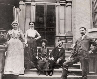 Madame Zoë Laurier, left, and friends on the steps of the Laurier Avenue home of Sir Wilfrid Laurier, later the home of Mackenzie King. Today, Laurier House is a museum in Sandy Hill.
