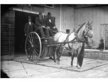 Hose Reel being drawn by horse outside of Ottawa’s No.1 Fire Station, undated. Topley Studio, Library and Archives Canada,PA-013103.