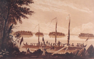 Sketch of Governor-in-Chief Lord Dalhousie’s entourage travelling by bateaux, including the vessel LACHINE, by artist John Crawford Young, possibly during the September 1826 voyage up the Ottawa River to formally launch construction of the Rideau Canal and establish Bytown