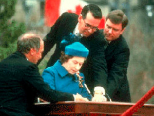 Queen Elizabeth signing Proclamation of Constitution Act, 17 April 1982