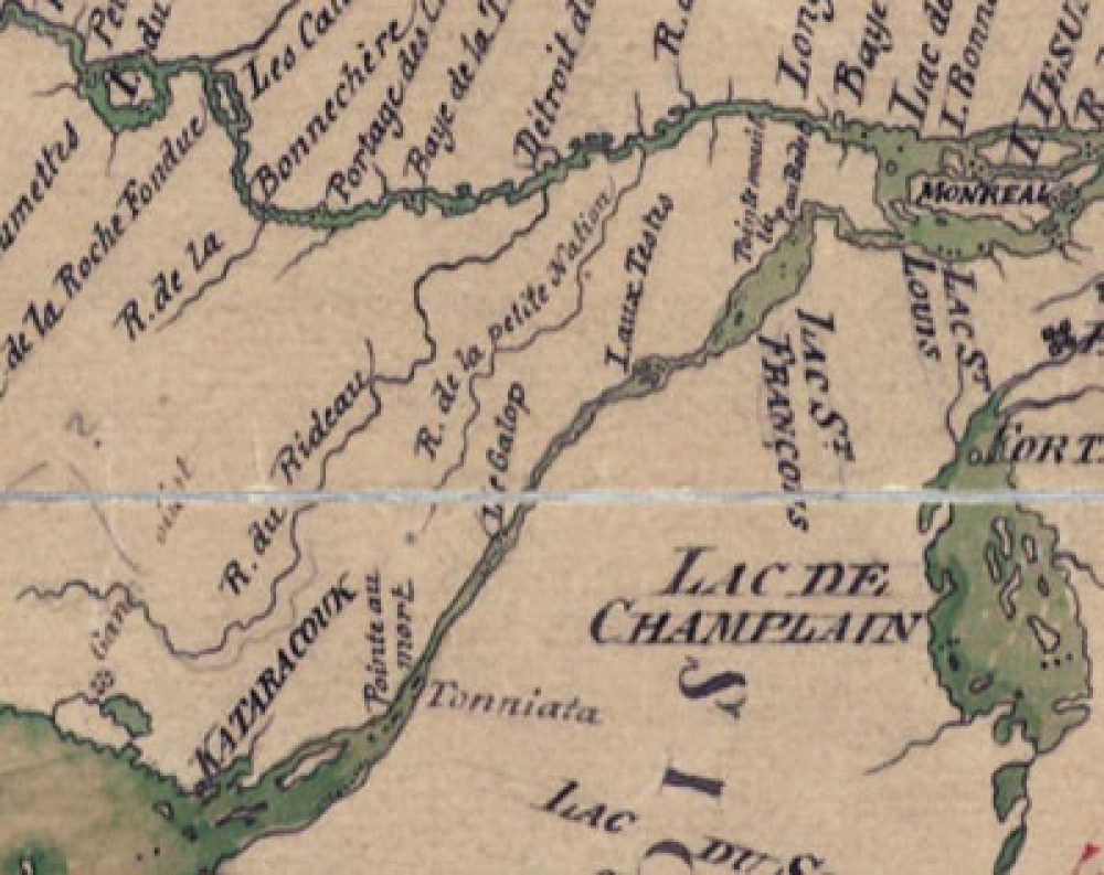 This 1688 map [1910 copy] is one of the first to name the Rideau River. "Kataracoux" is today's Kingston and "Tonniata" is Brockville.