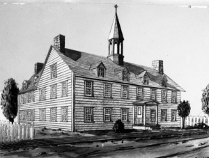 Drawing representing the first building of Bytown College, circa 1848.