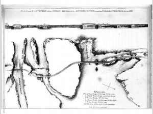 The initial 1832 dam built by George Buchanan can be seen in the middle left hand side of the map of the Chaudière Falls and Bridge from Joseph Bouchette, The British Dominions in North America, 1832.