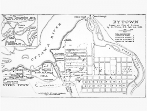 Map of Bytown, 1842, Bytown or Bust. Note the Lay-By (Canal Basin) in the lower centre of the map on the Rideau Canal. The By-Wash can be seen running north east from the Lay-By to the Rideau River. Barracks Hill will become Parliament Hill in the 1860s.
