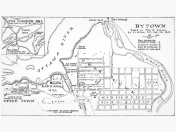 Map of Bytown, 1842, Bytown or Bust. Note the Lay-By (Canal Basin) in the lower centre of the map on the Rideau Canal. The By-Wash can be seen running north east from the Lay-By to the Rideau River. Barracks Hill will become Parliament Hill in the 1860s.