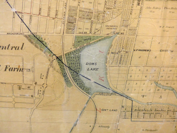 Dow’s Lake, circa 1888. Notice the St. Louis Dam. Today’s Queen Elizabeth Driveway runs on top of the St. Louis Dam. The Central Experimental Farm is on the left side of the map. The “macadamized road” north of the Farm is now Carling Avenue. The railway line to the left of Dow’s Lake is the Ottawa and Prescott Railway.